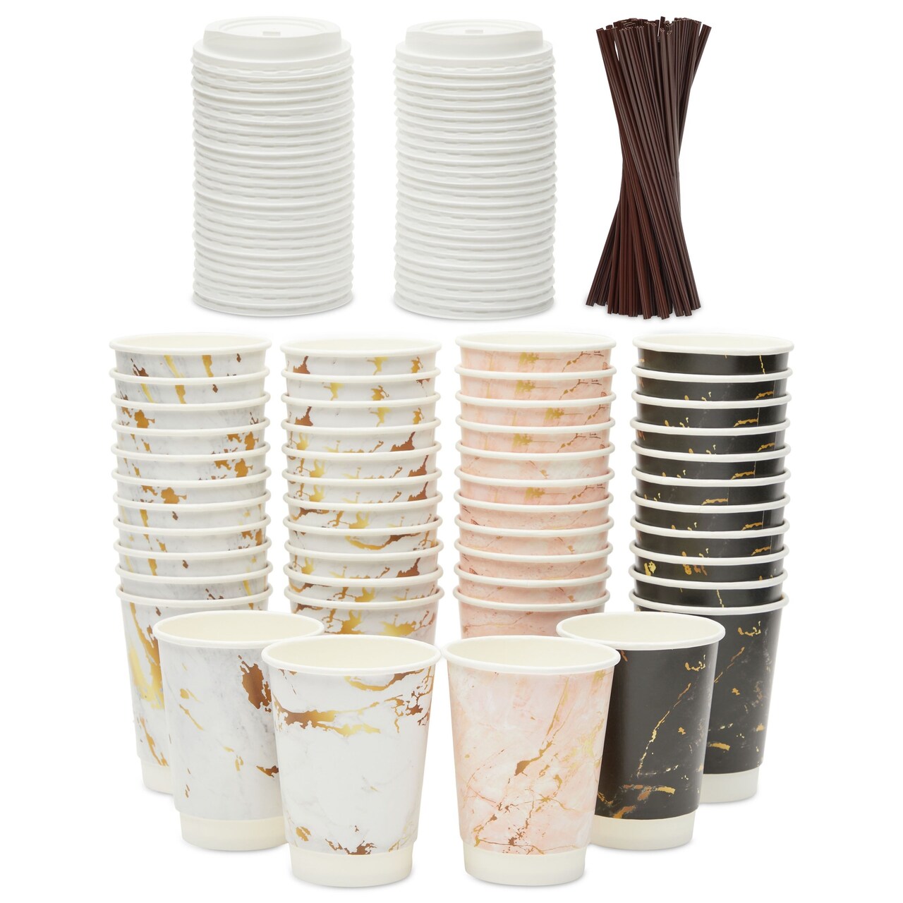 12oz ToGo Insulated Coffee Cups with Lids, Stir Straws, Napkins, 4 Marble Designs (Serves 48)